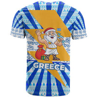 Greece Christmas T Shirt with Zeus Santa Greek Flag Lightning Bolt Gift Bag and Blue Yellow Pattern Design - Wonder Print Shop
