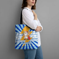 Greece Christmas Tote Bag with Zeus Santa Greek Flag Lightning Bolt Gift Bag and Blue Yellow Pattern Design - Wonder Print Shop
