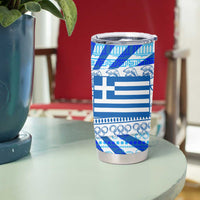 Greece Christmas Tumbler Cup with Zeus Santa Greek Flag Lightning Bolt Gift Bag and Blue Yellow Pattern Design - Wonder Print Shop