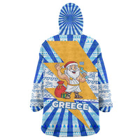 Greece Christmas Wearable Blanket Hoodie with Zeus Santa Greek Flag Lightning Bolt Gift Bag and Blue Yellow Pattern Design - Wonder Print Shop