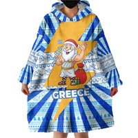 Greece Christmas Wearable Blanket Hoodie with Zeus Santa Greek Flag Lightning Bolt Gift Bag and Blue Yellow Pattern Design - Wonder Print Shop