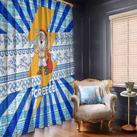 Greece Christmas Window Curtain with Zeus Santa Greek Flag Lightning Bolt Gift Bag and Blue Yellow Pattern Design - Wonder Print Shop