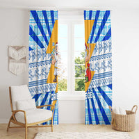 Greece Christmas Window Curtain with Zeus Santa Greek Flag Lightning Bolt Gift Bag and Blue Yellow Pattern Design - Wonder Print Shop