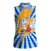Greece Christmas Women Sleeveless Polo Shirt with Zeus Santa Greek Flag Lightning Bolt Gift Bag and Blue Yellow Pattern Design - Wonder Print Shop
