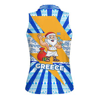 Greece Christmas Women Sleeveless Polo Shirt with Zeus Santa Greek Flag Lightning Bolt Gift Bag and Blue Yellow Pattern Design - Wonder Print Shop