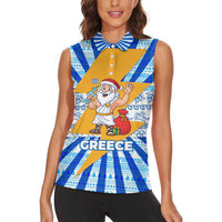 Greece Christmas Women Sleeveless Polo Shirt with Zeus Santa Greek Flag Lightning Bolt Gift Bag and Blue Yellow Pattern Design - Wonder Print Shop