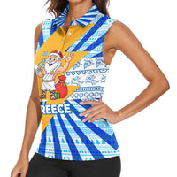 Greece Christmas Women Sleeveless Polo Shirt with Zeus Santa Greek Flag Lightning Bolt Gift Bag and Blue Yellow Pattern Design - Wonder Print Shop