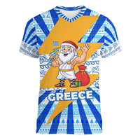 Greece Christmas Women V-Neck T-Shirt with Zeus Santa Greek Flag Lightning Bolt Gift Bag and Blue Yellow Pattern Design - Wonder Print Shop