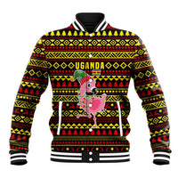 Uganda Christmas Baseball Jacket with Flamingo Lights Uganda Flag and Black Red Yellow Tribal Pattern Design - Wonder Print Shop