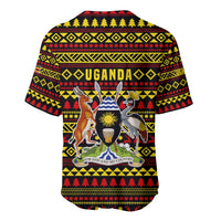 Uganda Christmas Baseball Jersey with Flamingo Lights Uganda Flag and Black Red Yellow Tribal Pattern Design - Wonder Print Shop