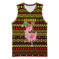 Uganda Christmas Basketball Jersey with Flamingo Lights Uganda Flag and Black Red Yellow Tribal Pattern Design - Wonder Print Shop