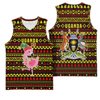 Uganda Christmas Basketball Jersey with Flamingo Lights Uganda Flag and Black Red Yellow Tribal Pattern Design - Wonder Print Shop