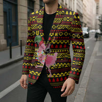 Uganda Christmas Blazer with Flamingo Lights Uganda Flag and Black Red Yellow Tribal Pattern Design - Wonder Print Shop