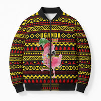 Uganda Christmas Bomber Puffer Jacket with Flamingo Lights Uganda Flag and Black Red Yellow Tribal Pattern Design - Wonder Print Shop