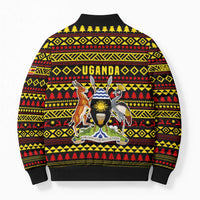Uganda Christmas Bomber Puffer Jacket with Flamingo Lights Uganda Flag and Black Red Yellow Tribal Pattern Design - Wonder Print Shop