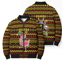 Uganda Christmas Bomber Puffer Jacket with Flamingo Lights Uganda Flag and Black Red Yellow Tribal Pattern Design - Wonder Print Shop