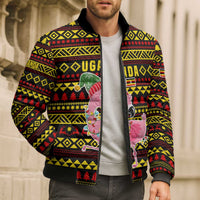 Uganda Christmas Bomber Puffer Jacket with Flamingo Lights Uganda Flag and Black Red Yellow Tribal Pattern Design - Wonder Print Shop