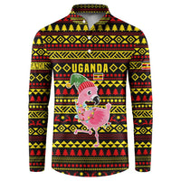 Uganda Christmas Button Sweatshirt with Flamingo Lights Uganda Flag and Black Red Yellow Tribal Pattern Design - Wonder Print Shop
