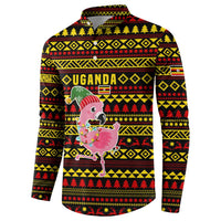 Uganda Christmas Button Sweatshirt with Flamingo Lights Uganda Flag and Black Red Yellow Tribal Pattern Design - Wonder Print Shop