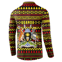 Uganda Christmas Button Sweatshirt with Flamingo Lights Uganda Flag and Black Red Yellow Tribal Pattern Design - Wonder Print Shop