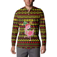 Uganda Christmas Button Sweatshirt with Flamingo Lights Uganda Flag and Black Red Yellow Tribal Pattern Design - Wonder Print Shop