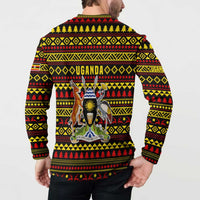 Uganda Christmas Button Sweatshirt with Flamingo Lights Uganda Flag and Black Red Yellow Tribal Pattern Design - Wonder Print Shop