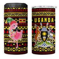 Uganda Christmas 4 in 1 Can Cooler Tumbler with Flamingo Lights Uganda Flag and Black Red Yellow Tribal Pattern Design - Wonder Print Shop