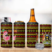 Uganda Christmas 4 in 1 Can Cooler Tumbler with Flamingo Lights Uganda Flag and Black Red Yellow Tribal Pattern Design - Wonder Print Shop