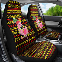 Uganda Christmas Car Seat Cover with Flamingo Lights Uganda Flag and Black Red Yellow Tribal Pattern Design - Wonder Print Shop