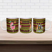 Uganda Christmas Ceramic Mug with Flamingo Lights Uganda Flag and Black Red Yellow Tribal Pattern Design - Wonder Print Shop