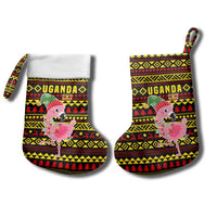 Uganda Christmas Stocking with Flamingo Lights Uganda Flag and Black Red Yellow Tribal Pattern Design - Wonder Print Shop