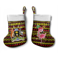 Uganda Christmas Stocking with Flamingo Lights Uganda Flag and Black Red Yellow Tribal Pattern Design - Wonder Print Shop