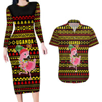 Uganda Christmas Couples Matching Long Sleeve Bodycon Dress and Hawaiian Shirt with Flamingo Lights Uganda Flag and Black Red Yellow Tribal Pattern Design - Wonder Print Shop