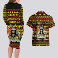 Uganda Christmas Couples Matching Long Sleeve Bodycon Dress and Hawaiian Shirt with Flamingo Lights Uganda Flag and Black Red Yellow Tribal Pattern Design - Wonder Print Shop