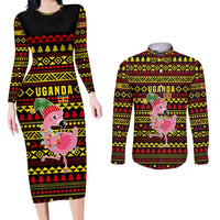 Uganda Christmas Couples Matching Long Sleeve Bodycon Dress and Long Sleeve Button Shirt with Flamingo Lights Uganda Flag and Black Red Yellow Tribal Pattern Design - Wonder Print Shop