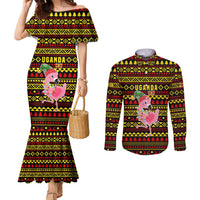 Uganda Christmas Couples Matching Mermaid Dress and Long Sleeve Button Shirt with Flamingo Lights Uganda Flag and Black Red Yellow Tribal Pattern Design - Wonder Print Shop