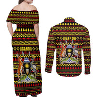 Uganda Christmas Couples Matching Off Shoulder Maxi Dress and Long Sleeve Button Shirt with Flamingo Lights Uganda Flag and Black Red Yellow Tribal Pattern Design - Wonder Print Shop