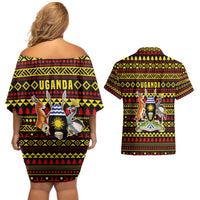 Uganda Christmas Couples Matching Off Shoulder Short Dress and Hawaiian Shirt with Flamingo Lights Uganda Flag and Black Red Yellow Tribal Pattern Design - Wonder Print Shop