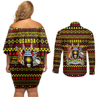 Uganda Christmas Couples Matching Off Shoulder Short Dress and Long Sleeve Button Shirt with Flamingo Lights Uganda Flag and Black Red Yellow Tribal Pattern Design - Wonder Print Shop