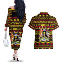 Uganda Christmas Couples Matching Off The Shoulder Long Sleeve Dress and Hawaiian Shirt with Flamingo Lights Uganda Flag and Black Red Yellow Tribal Pattern Design - Wonder Print Shop