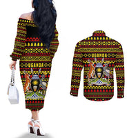 Uganda Christmas Couples Matching Off The Shoulder Long Sleeve Dress and Long Sleeve Button Shirt with Flamingo Lights Uganda Flag and Black Red Yellow Tribal Pattern Design - Wonder Print Shop