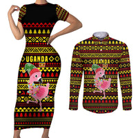 Uganda Christmas Couples Matching Short Sleeve Bodycon Dress and Long Sleeve Button Shirt with Flamingo Lights Uganda Flag and Black Red Yellow Tribal Pattern Design - Wonder Print Shop