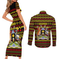 Uganda Christmas Couples Matching Short Sleeve Bodycon Dress and Long Sleeve Button Shirt with Flamingo Lights Uganda Flag and Black Red Yellow Tribal Pattern Design - Wonder Print Shop