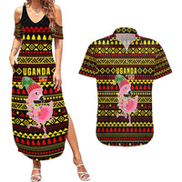 Uganda Christmas Couples Matching Summer Maxi Dress and Hawaiian Shirt with Flamingo Lights Uganda Flag and Black Red Yellow Tribal Pattern Design - Wonder Print Shop