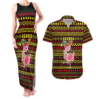 Uganda Christmas Couples Matching Tank Maxi Dress and Hawaiian Shirt with Flamingo Lights Uganda Flag and Black Red Yellow Tribal Pattern Design - Wonder Print Shop