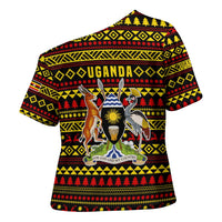 Uganda Christmas Cross Shoulder Shirt with Flamingo Lights Uganda Flag and Black Red Yellow Tribal Pattern Design - Wonder Print Shop