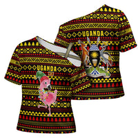 Uganda Christmas Cross Shoulder Shirt with Flamingo Lights Uganda Flag and Black Red Yellow Tribal Pattern Design - Wonder Print Shop