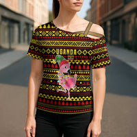 Uganda Christmas Cross Shoulder Shirt with Flamingo Lights Uganda Flag and Black Red Yellow Tribal Pattern Design - Wonder Print Shop