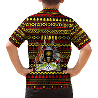 Uganda Christmas Family Matching Long Sleeve Bodycon Dress and Hawaiian Shirt with Flamingo Lights Uganda Flag and Black Red Yellow Tribal Pattern Design - Wonder Print Shop