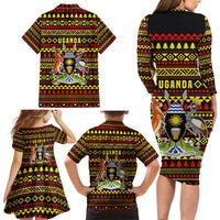 Uganda Christmas Family Matching Long Sleeve Bodycon Dress and Hawaiian Shirt with Flamingo Lights Uganda Flag and Black Red Yellow Tribal Pattern Design - Wonder Print Shop